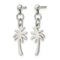 Pair of silver-toned stainless steel dangle earrings with ball studs, featuring palm tree charms suspended from chain links.