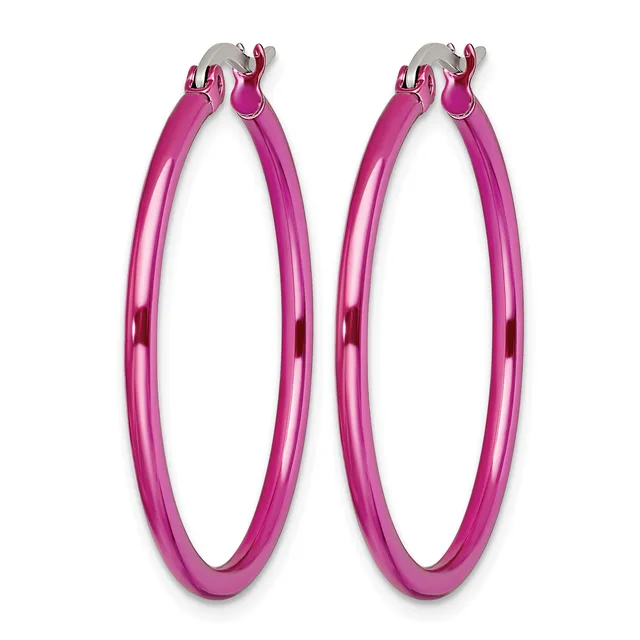 A pair of pink hoop earrings with a polished finish and silver-toned clip closures, displayed side by side against a white background.