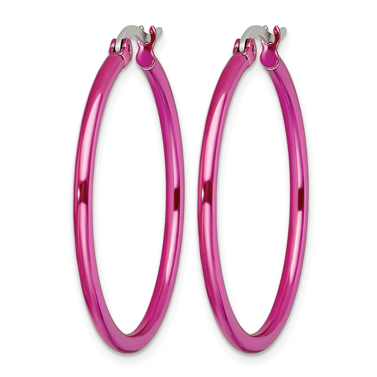 A pair of pink hoop earrings with a polished finish and silver-toned clip closures, displayed side by side against a white background.