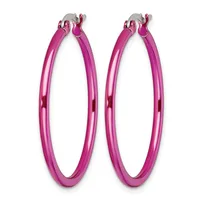 A pair of pink hoop earrings with a polished finish and silver-toned clip closures, displayed side by side against a white background.