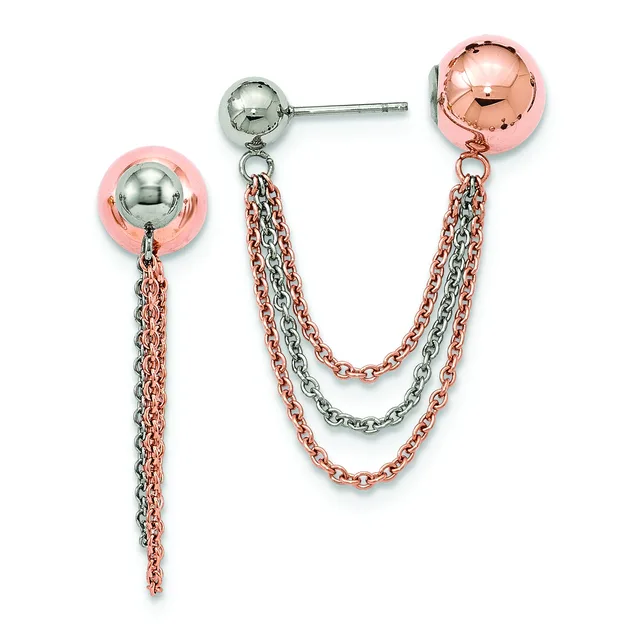 Two-tone rose and white gold ear jacket earrings with polished ball studs and dangling chain strands.