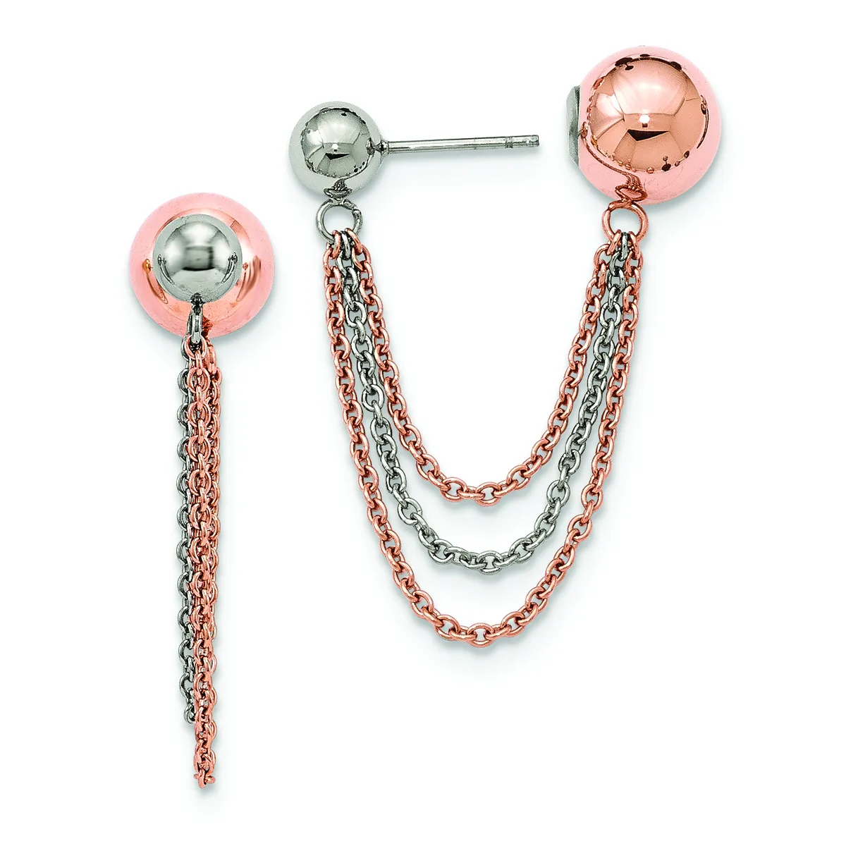 Two-tone rose and white gold ear jacket earrings with polished ball studs and dangling chain strands.