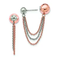 Two-tone rose and white gold ear jacket earrings with polished ball studs and dangling chain strands.