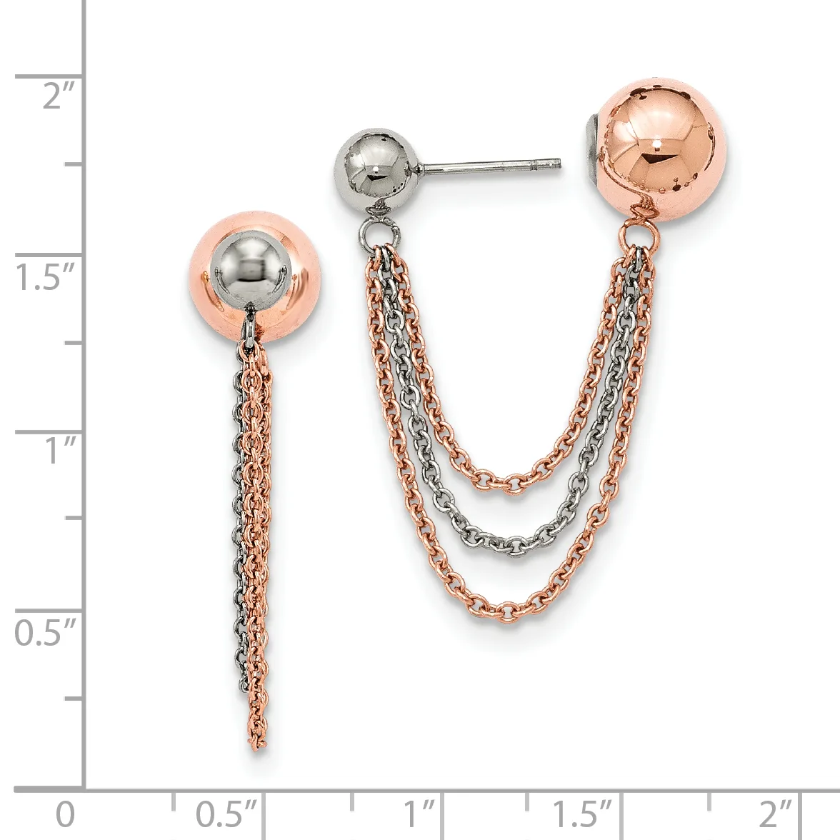 Two-tone rose and white gold ball stud earrings with dangling chain connectors, displayed on a ruler showing approximately 1.75 inches in length.