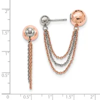 Two-tone rose and white gold ball stud earrings with dangling chain connectors, displayed on a ruler showing approximately 1.75 inches in length.