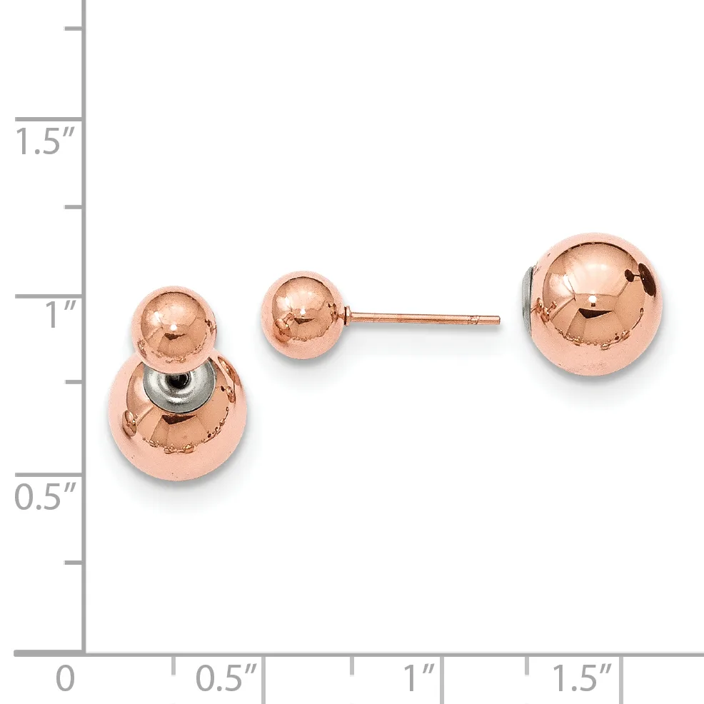 Rose gold ball stud earrings displayed next to a larger matching rose gold ball stud, shown against a measurement scale in inches.