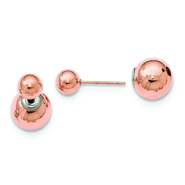 Rose gold ball stud earrings displayed open and closed, showing the front and back of the spherical design with a post and backing.