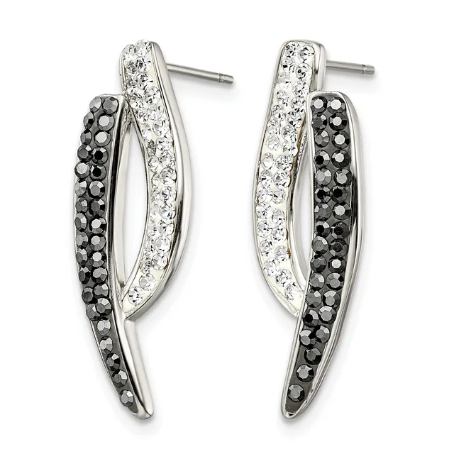 A pair of silver curved drop earrings with black and clear crystals arranged in alternating stripes, shown front and back.