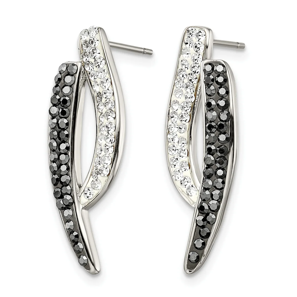 A pair of silver curved drop earrings with black and clear crystals arranged in alternating stripes, shown front and back.
