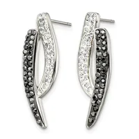 A pair of silver curved drop earrings with black and clear crystals arranged in alternating stripes, shown front and back.