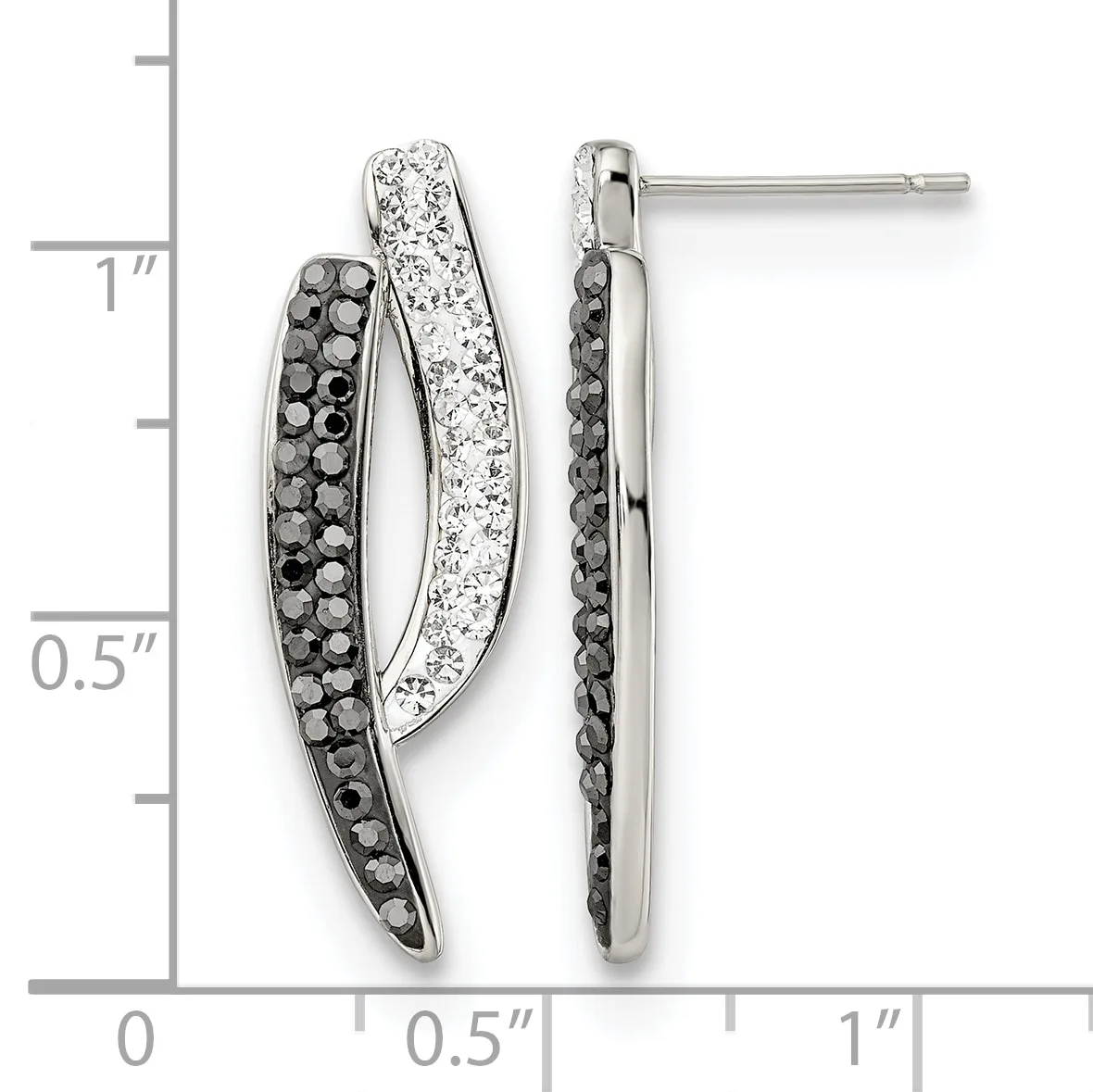 Pair of curved silver earrings with black and white crystal accents, shown front and side view against a measurement scale.