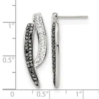 Pair of curved silver earrings with black and white crystal accents, shown front and side view against a measurement scale.