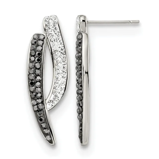 Pair of silver curved drop earrings with black and clear crystals set in alternating rows, shown from front and back views with post and clutch closures.