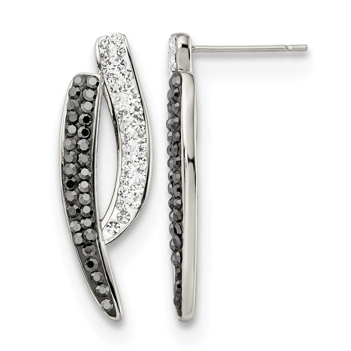 Pair of silver curved drop earrings with black and clear crystals set in alternating rows, shown from front and back views with post and clutch closures.