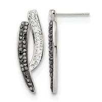 Pair of silver curved drop earrings with black and clear crystals set in alternating rows, shown from front and back views with post and clutch closures.
