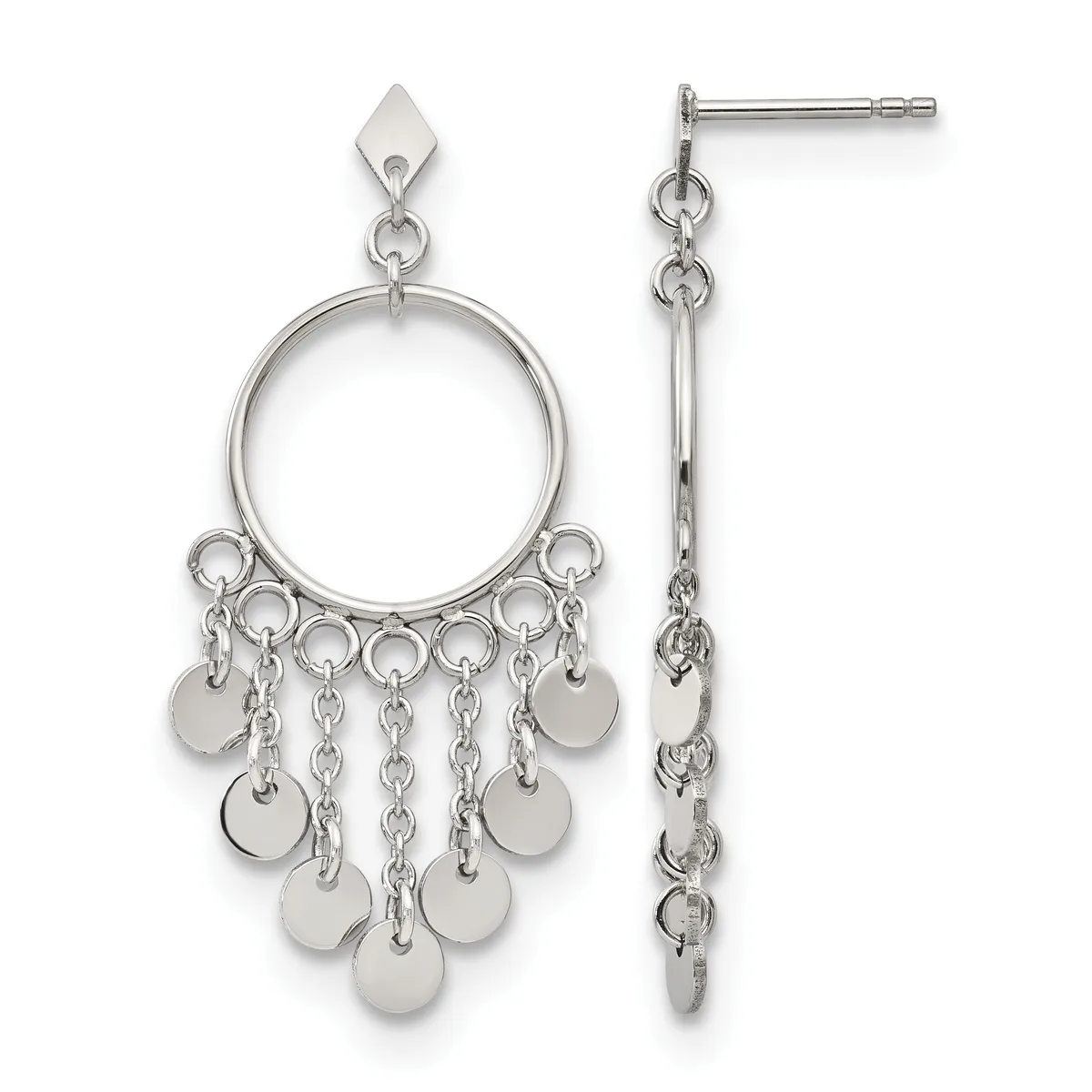 Pair of sterling silver chandelier earrings with circular frames and dangling disc charms, shown from front and side views.