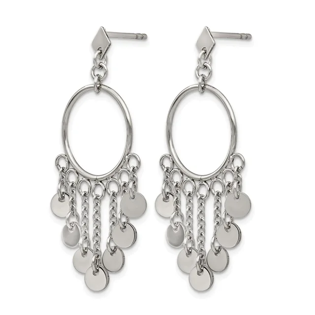 Pair of silver-toned dangle earrings with oval loops topped by diamond-shaped studs, featuring multiple small circular discs hanging from chains below.