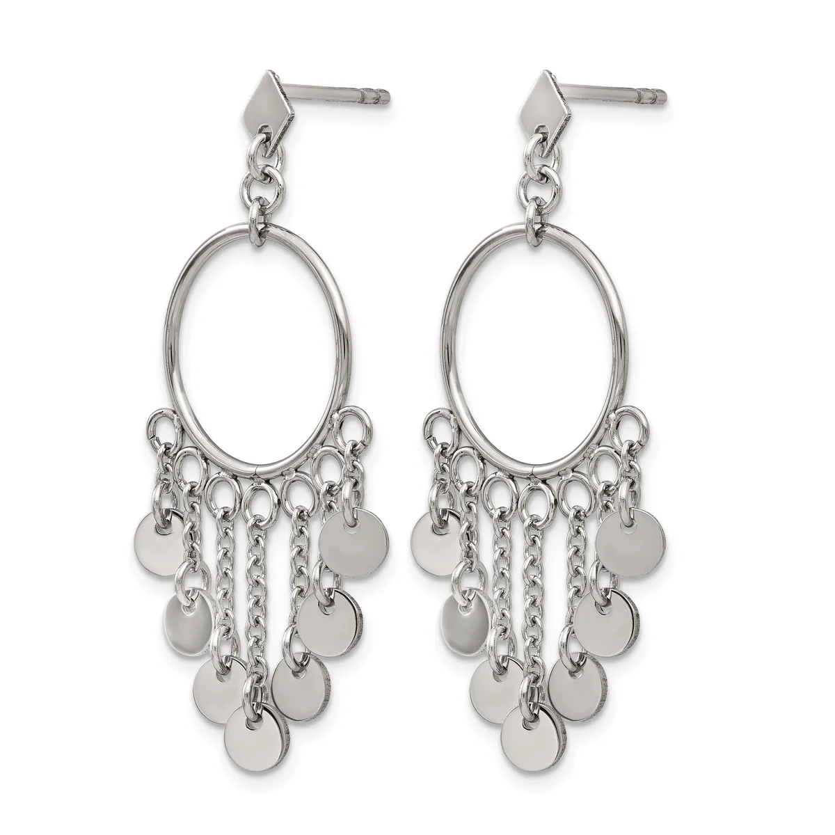 Pair of silver-toned dangle earrings with oval loops topped by diamond-shaped studs, featuring multiple small circular discs hanging from chains below.