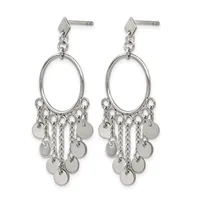 Pair of silver-toned dangle earrings with oval loops topped by diamond-shaped studs, featuring multiple small circular discs hanging from chains below.