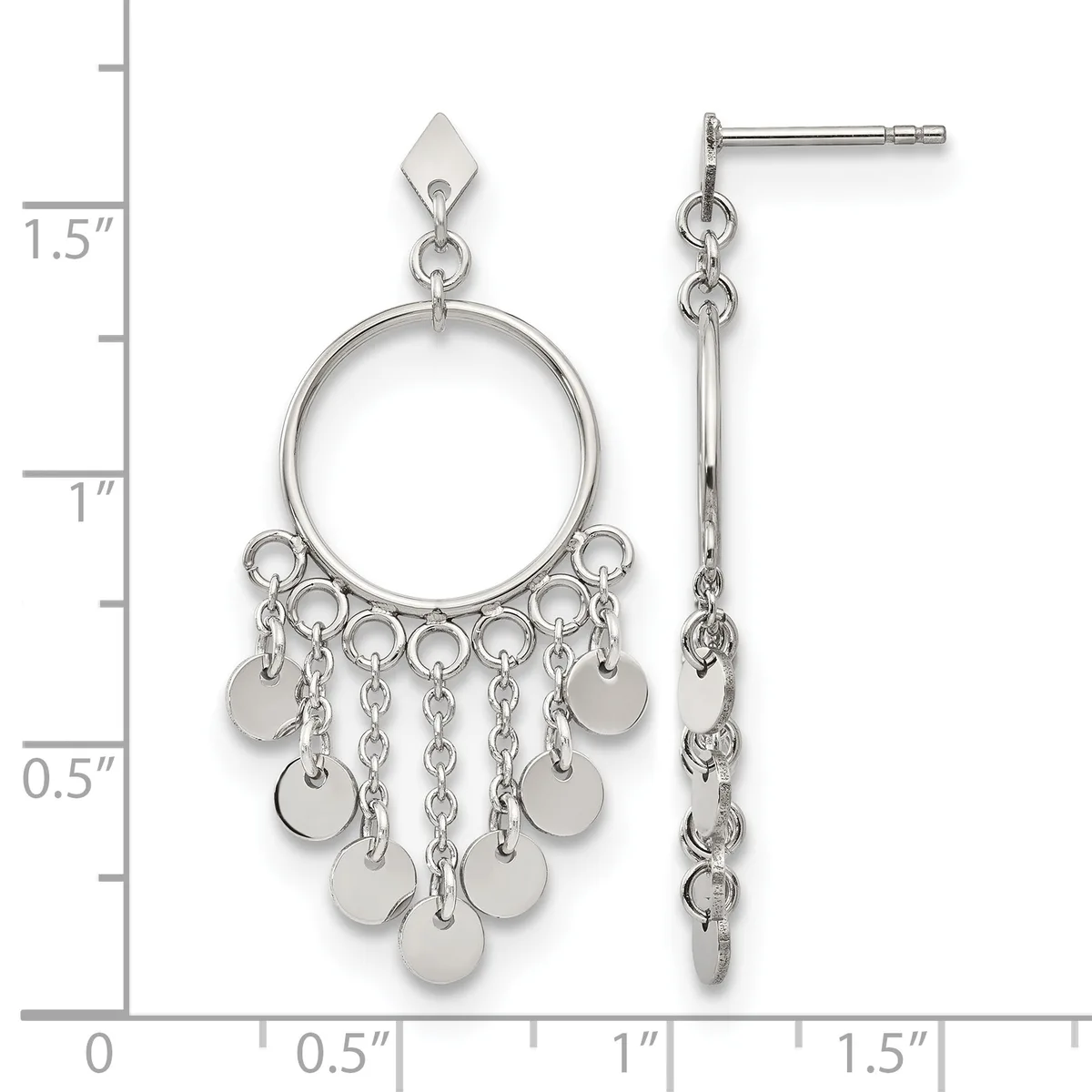Silver-toned chandelier earrings with circular tops, hanging chains, and small disc charms, shown against a measurement scale.
