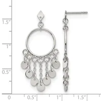 Silver-toned chandelier earrings with circular tops, hanging chains, and small disc charms, shown against a measurement scale.