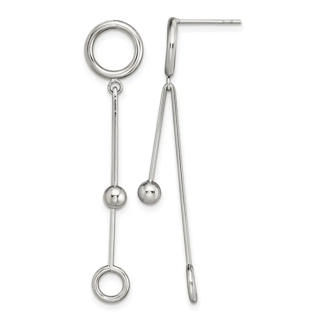 Pair of sterling silver dangle earrings with circular loop tops, long thin chains with small spheres, and circular loop bottoms, shown front and side view.