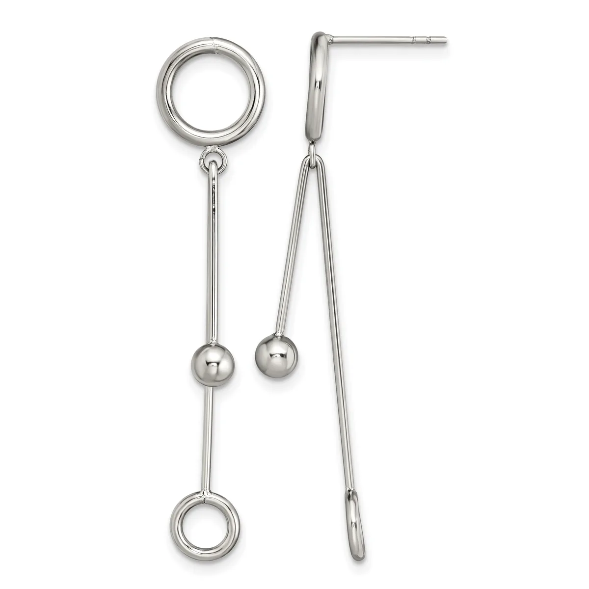 Pair of sterling silver dangle earrings with circular loop tops, long thin chains with small spheres, and circular loop bottoms, shown front and side view.