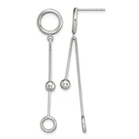 Pair of sterling silver dangle earrings with circular loop tops, long thin chains with small spheres, and circular loop bottoms, shown front and side view.