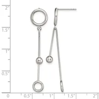 Two silver-toned earrings with circular posts at top, long chains with small spheres, and circular charms at bottom, displayed against a measurement ruler.