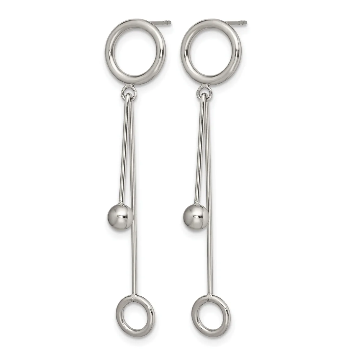 A pair of silver dangle earrings with circular posts at the top, thin chains suspended from each post with a small sphere in the middle, and open circular loops at the bottom.