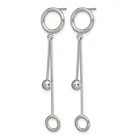 A pair of silver dangle earrings with circular posts at the top, thin chains suspended from each post with a small sphere in the middle, and open circular loops at the bottom.