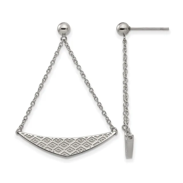 Pair of silver dangle earrings with ball posts featuring chain-suspended trapezoid bars with geometric diamond pattern detailing.