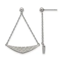 Pair of silver dangle earrings with ball posts featuring chain-suspended trapezoid bars with geometric diamond pattern detailing.