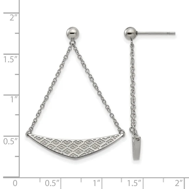 Pair of silver-toned stud earrings with chain drops ending in a curved bar with diamond pattern detail, displayed against a measurement scale.