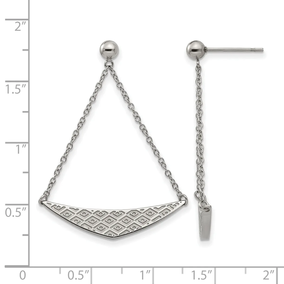 Pair of silver-toned stud earrings with chain drops ending in a curved bar with diamond pattern detail, displayed against a measurement scale.