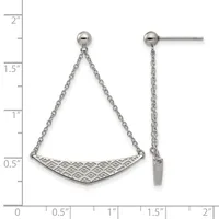 Pair of silver-toned stud earrings with chain drops ending in a curved bar with diamond pattern detail, displayed against a measurement scale.