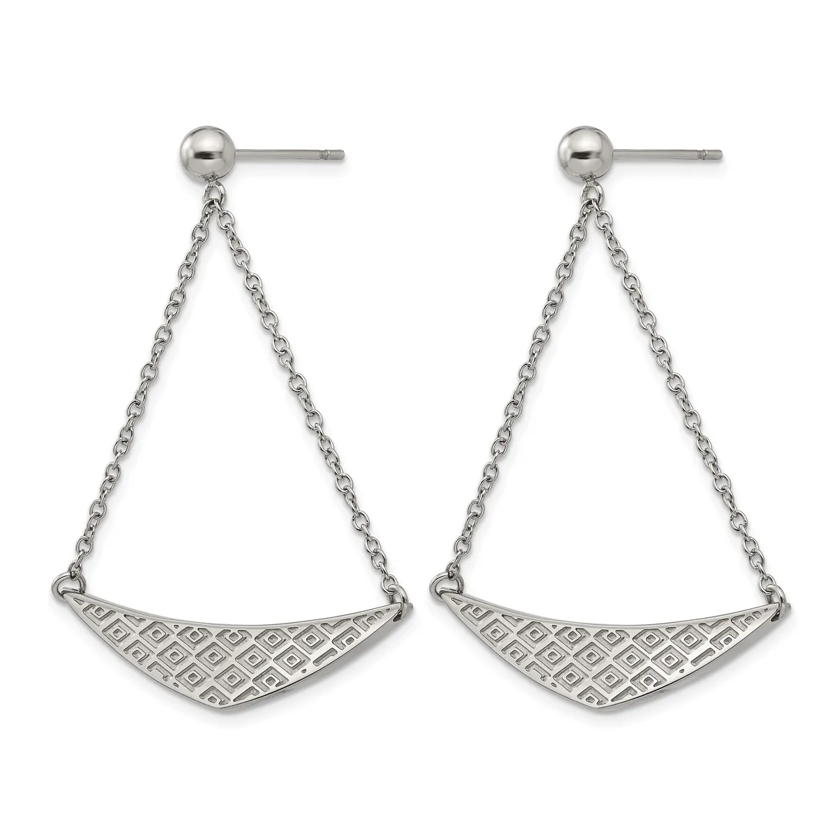 Pair of silver-tone dangle earrings with ball studs and chain drops supporting geometric patterned triangular pendants.