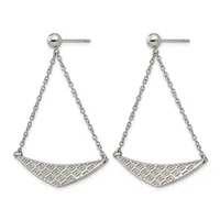 Pair of silver-tone dangle earrings with ball studs and chain drops supporting geometric patterned triangular pendants.