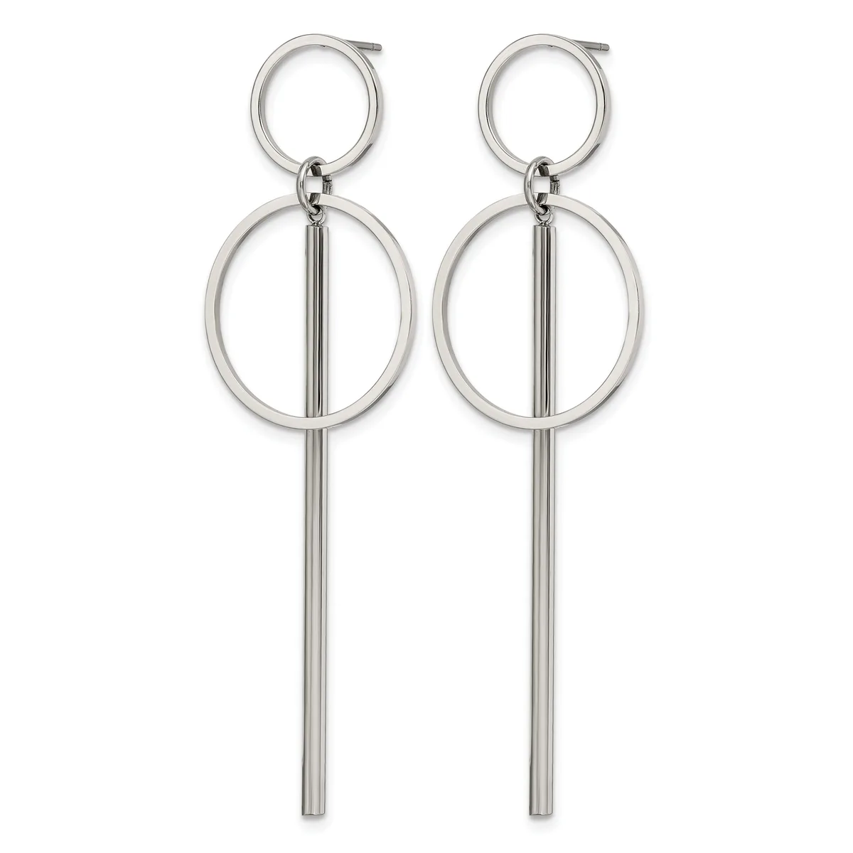 Pair of silver-toned dangle earrings featuring small circular studs at top connected to larger circles with vertical bar elements extending downward.
