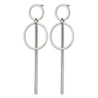 Pair of silver-toned dangle earrings featuring small circular studs at top connected to larger circles with vertical bar elements extending downward.