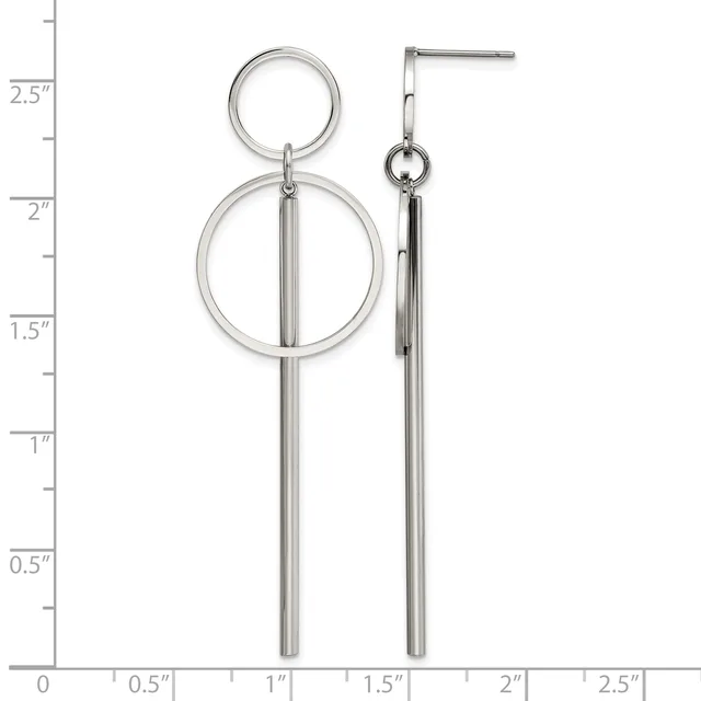 Pair of silver-toned dangle earrings with two stacked circles at the top and long cylindrical bars hanging below, shown against a measurement scale.