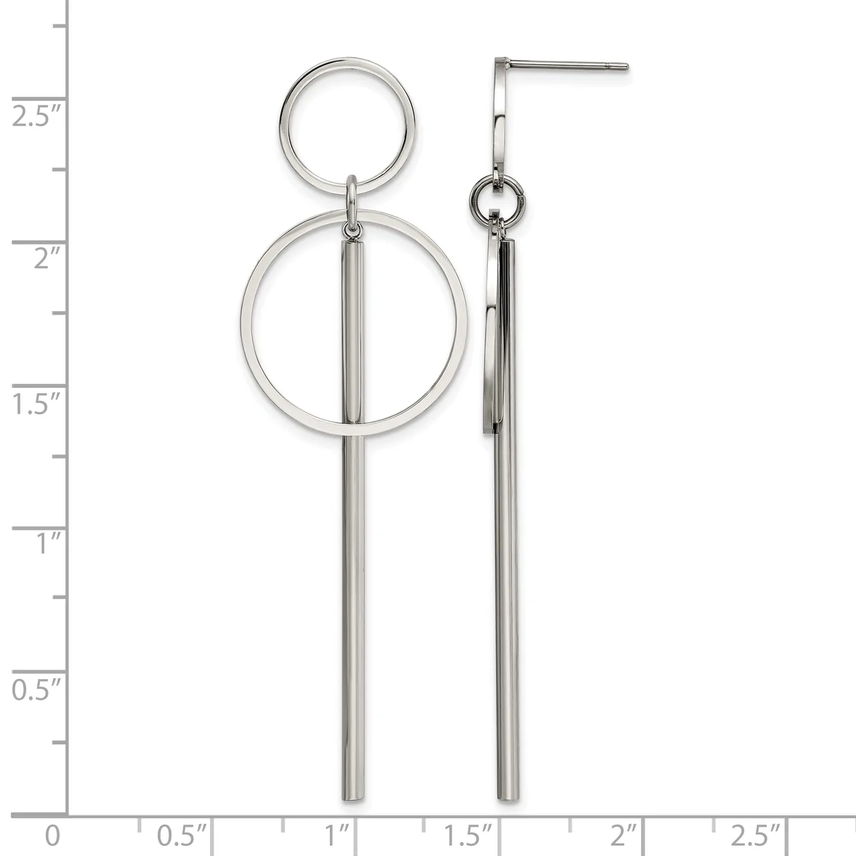 Pair of silver-toned dangle earrings with two stacked circles at the top and long cylindrical bars hanging below, shown against a measurement scale.