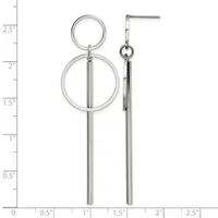 Pair of silver-toned dangle earrings with two stacked circles at the top and long cylindrical bars hanging below, shown against a measurement scale.