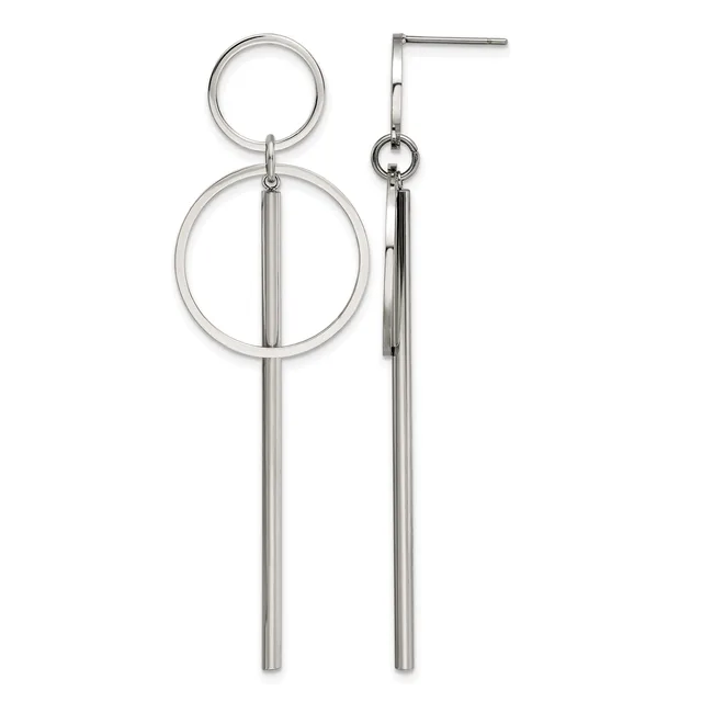 A pair of polished silver dangling earrings with long cylindrical bars suspended from small and large circular rings.