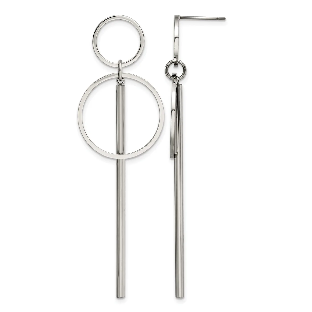 A pair of polished silver dangling earrings with long cylindrical bars suspended from small and large circular rings.