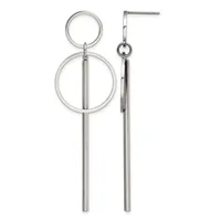A pair of polished silver dangling earrings with long cylindrical bars suspended from small and large circular rings.