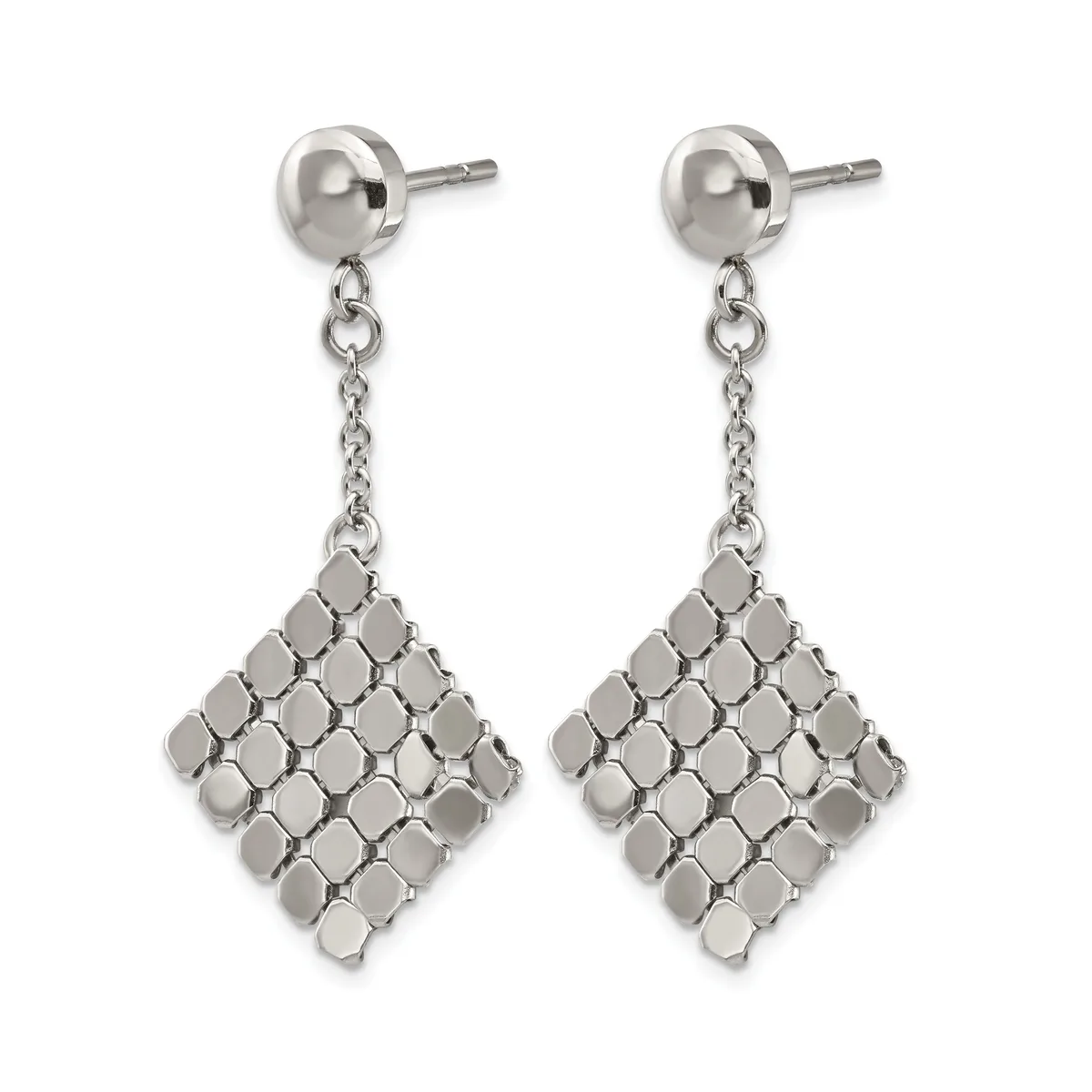 Pair of silver-toned drop earrings with ball studs and chain attachments suspending diamond-shaped pendants made of small square mesh elements.