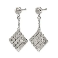 Pair of silver-toned drop earrings with ball studs and chain attachments suspending diamond-shaped pendants made of small square mesh elements.