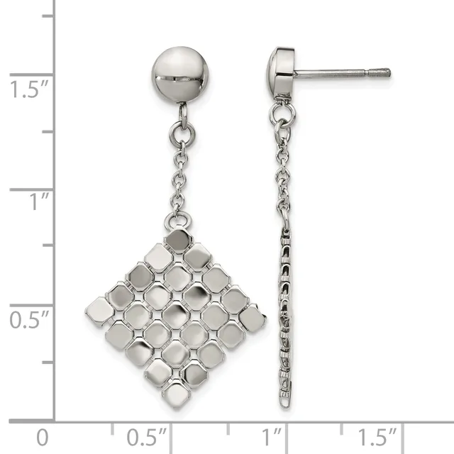 Silver ball stud earrings with chain and diamond-shaped pendant made of small square elements, displayed against a measurement scale.