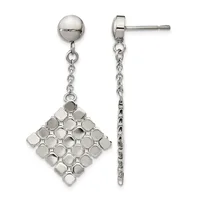 Pair of sterling silver dangle earrings with polished ball studs and chain-suspended diamond-shaped pendants composed of small cube beads arranged in a grid pattern.